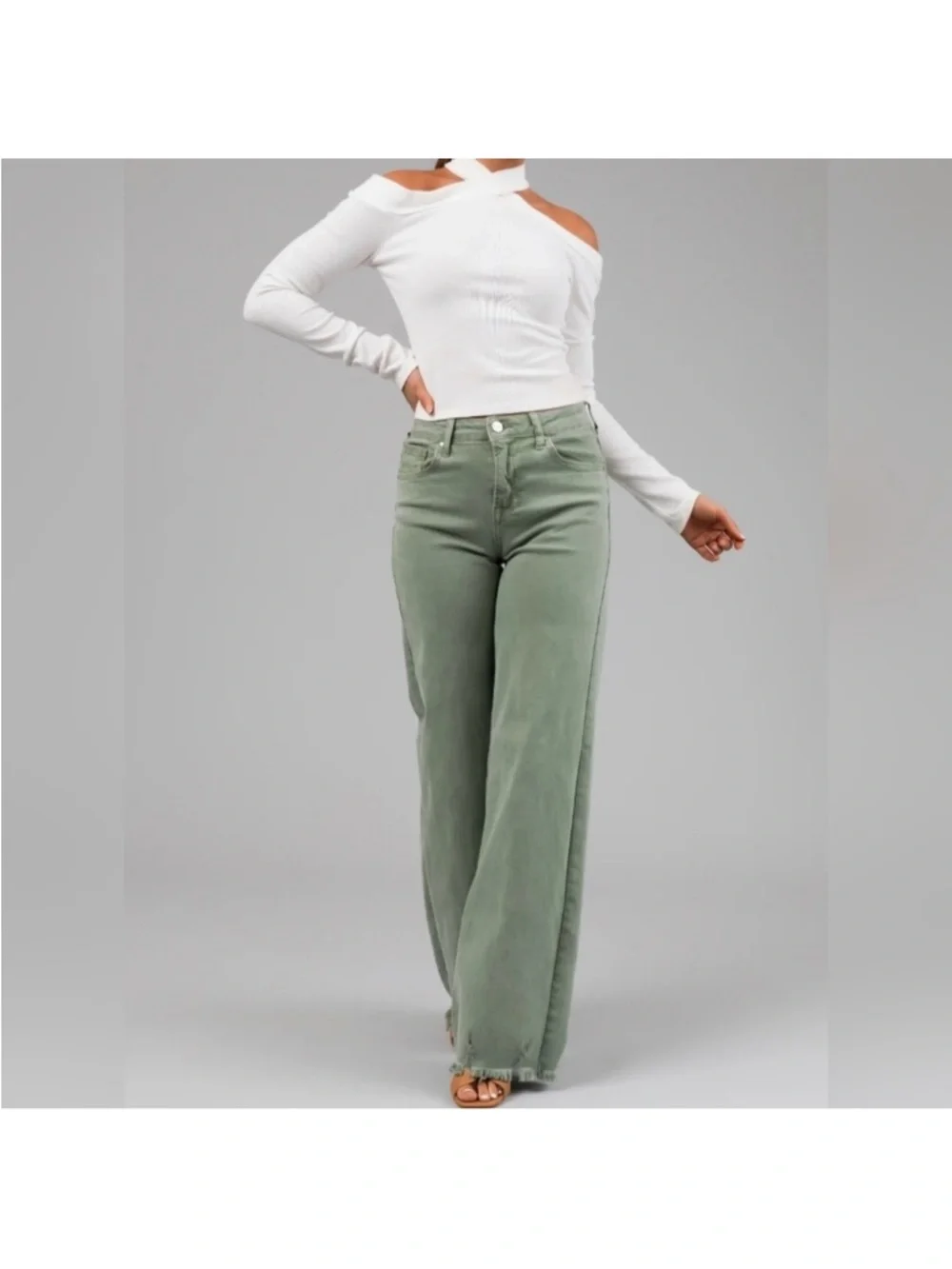 Risen Jeans High Rise Fray Wide Leg Olive Jeans NWT - Picture 5 of 10